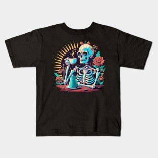 Skeleton with coffee and roses Kids T-Shirt